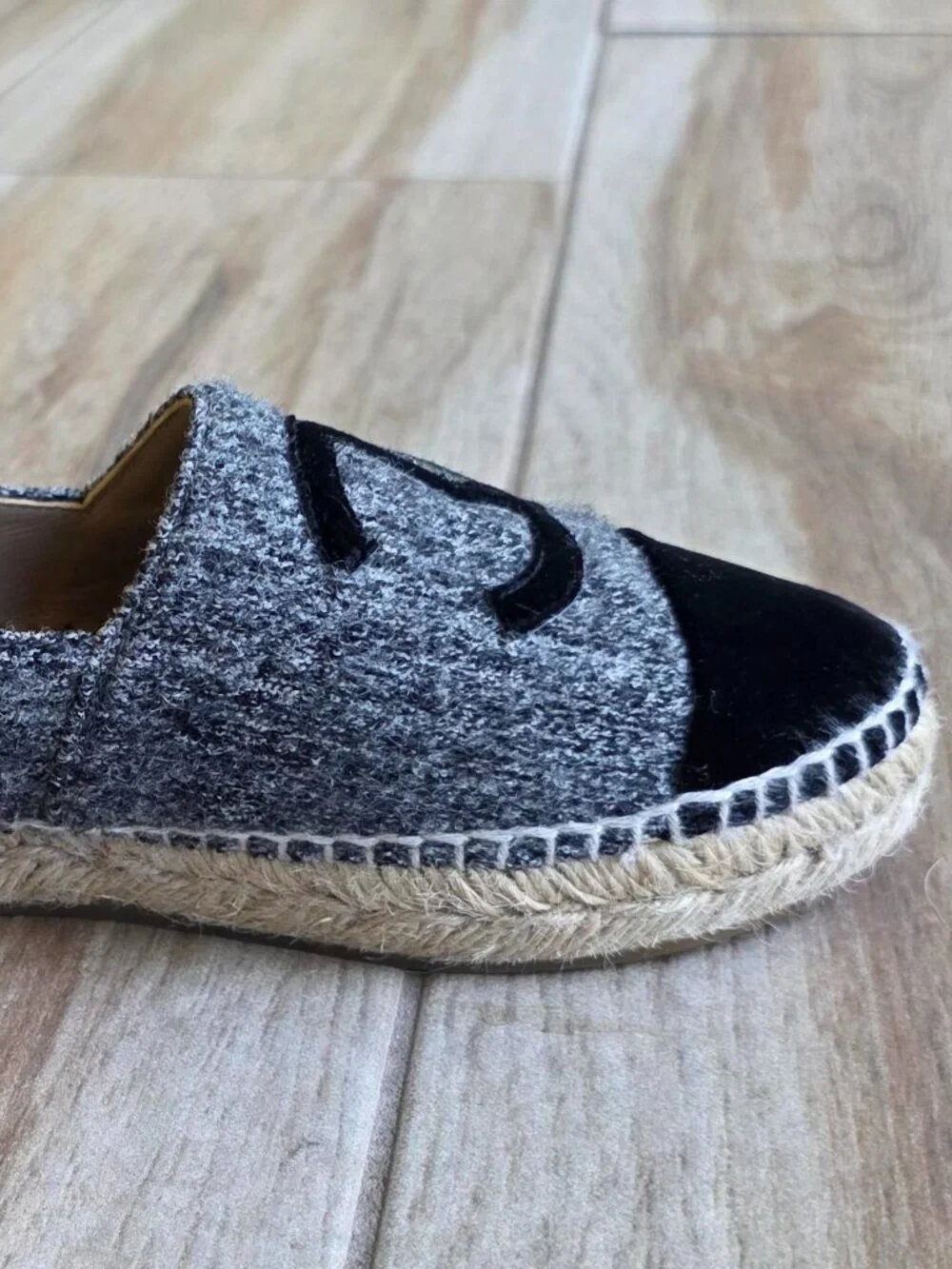 CHANEL Grey Espadrilles CC Black Velvet Grey Tweed Shoe Eur. 37